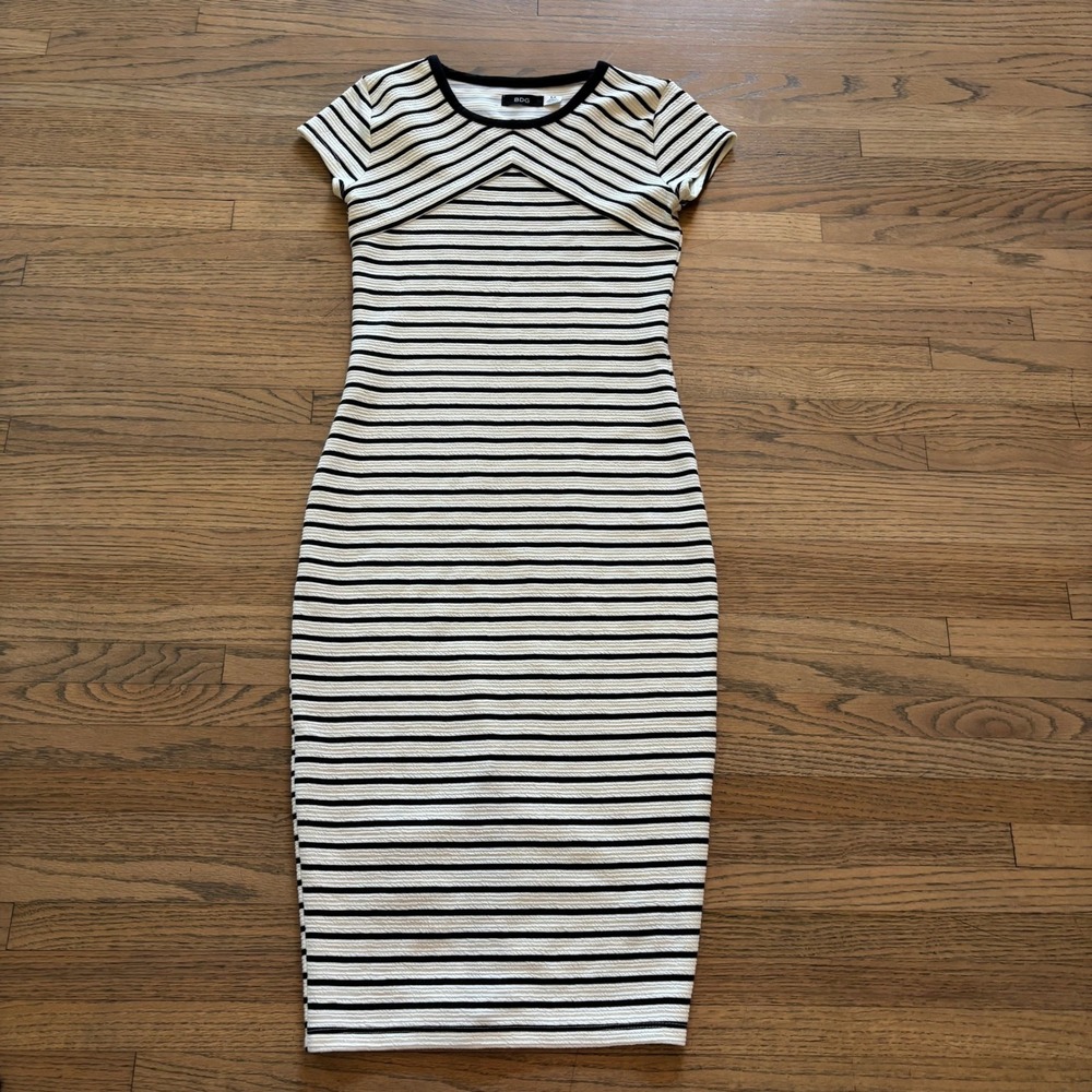BDG Urban Outfitters Womens Small Striped Ribbed Bodycon Midi Dress Black White